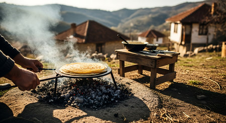 A person's hands are visible cooking a flatbread over an open fire with smoke billowing upwards in a rural, village landscape.の素材