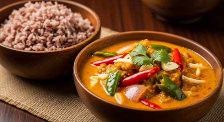 A close-up shot of a vibrant Thai red curry with chicken and vegetables, accompanied by a bowl of rice.の素材