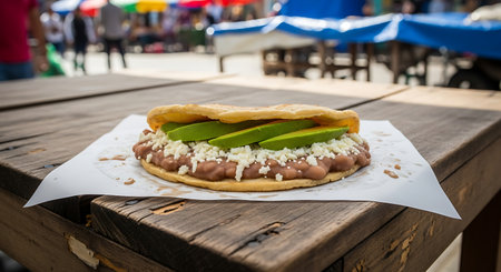 A close-up of a savory arepa, generously filled with meat, cheese, and vibrant green avocado slices, presented outdoors.の素材