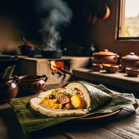A delicious tamale, filled with various ingredients, is presented on a banana leaf, emitting steam in a warm, rustic kitchen environment.の素材
