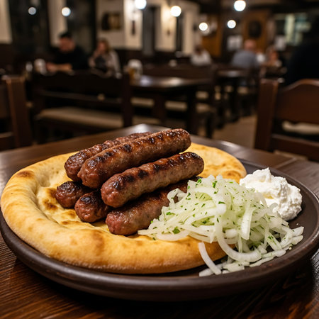 A close-up shot of grilled sausages atop warm flatbread, accompanied by a side of crisp coleslaw and creamy dip.の素材