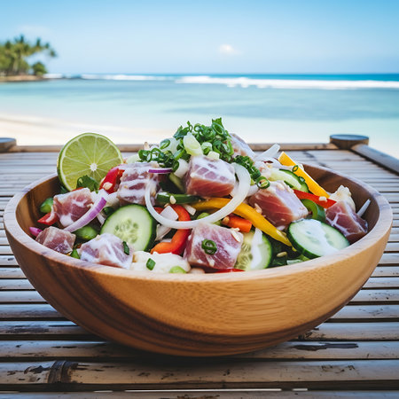 A vibrant and refreshing seafood ceviche dish is presented in a rustic wooden bowl on a weathered boardwalk with a tropical beach and ocean in the background.の素材