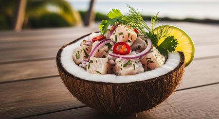 A vibrant and refreshing ceviche dish presented in a natural coconut shell, perfect for a tropical island setting.の素材