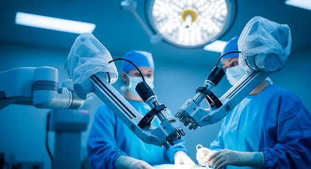 Two surgeons in blue scrubs and masks are performing a procedure using a sophisticated robotic surgical system.の素材