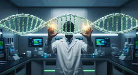 A scientist wearing a lab coat and mask interacts with luminous holographic DNA structures in a high-tech laboratory setting.の素材