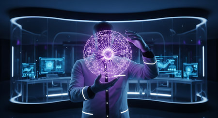 A scientist in a futuristic lab manipulates a luminous, intricate digital brain, surrounded by advanced technology and glowing interfaces.の素材