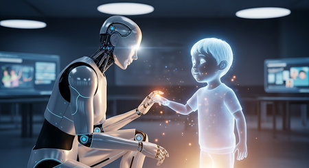 A poignant scene of connection between a sophisticated android and a luminous young figure, symbolizing future relationships.の素材