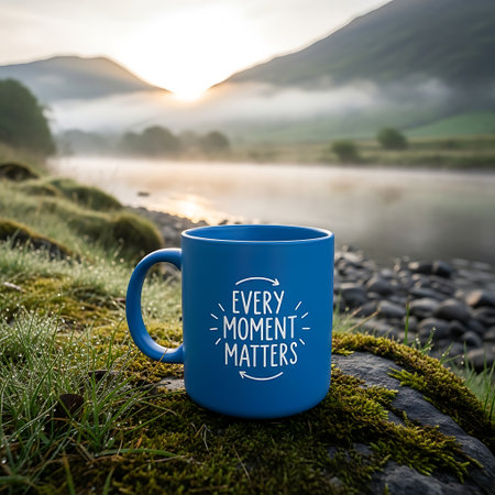 A blue mug with 'Every Moment Matters' inscribed sits on mossy ground beside a tranquil river at sunrise.の素材