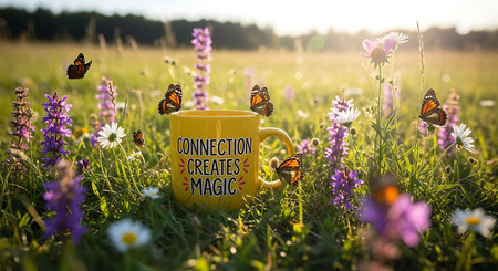 A bright yellow mug with a bee-themed message is surrounded by blooming wildflowers and fluttering butterflies on a sunny day.の素材