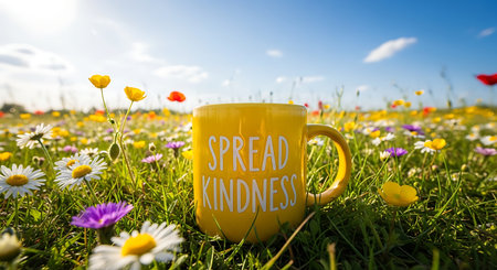 A cheerful yellow mug with a positive message is nestled amongst colorful wildflowers, evoking feelings of joy and optimism.の素材