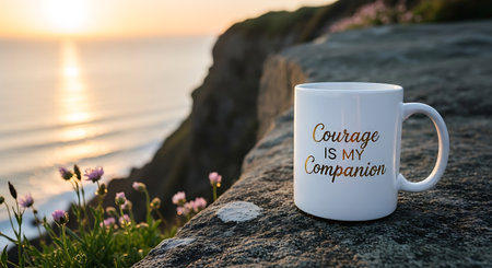 A white ceramic mug with an empowering quote rests on a rugged cliff edge. The ocean and sunrise create a peaceful, inspiring backdrop.の素材