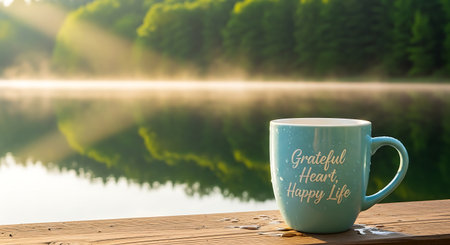 A light blue mug with inspirational text sits on a wooden surface, with a misty lake and sun-dappled forest in the background.の素材