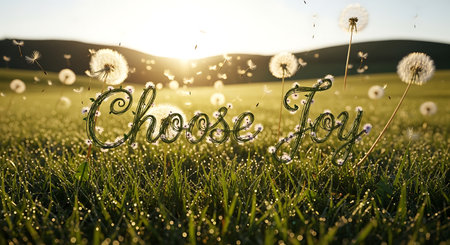 Sparkling dandelion seeds drift through a sun-drenched meadow as the words "Choose Joy" are artfully displayed in the foreground.の素材