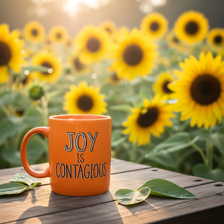 An orange mug with a cheerful message rests on a rustic wooden surface, surrounded by a sun-drenched field of sunflowers.の素材