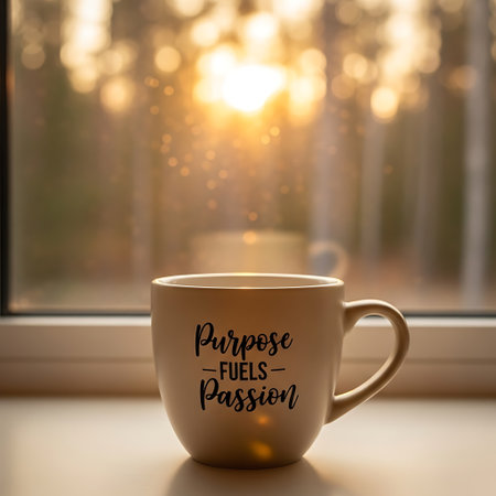 A warm, inviting mug sits on a windowsill, bathed in soft sunlight and bokeh, featuring an inspiring quote.の素材
