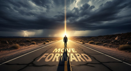 A person walks on a road with 'MOVE FORWARD' painted on it, heading towards a bright light amidst a stormy landscape.の素材
