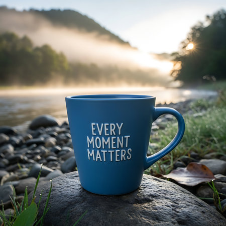 A blue mug with 'Every Moment Matters' sits on a rock by a misty river, with a sunlit mountain in the background.の素材