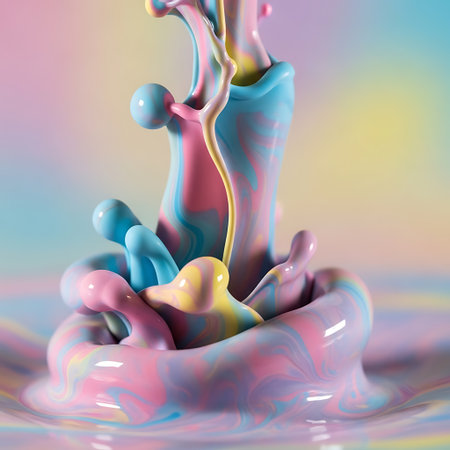 An artistic explosion of vibrant pastel paints frozen in time, creating a dynamic and fluid abstract sculpture.の素材