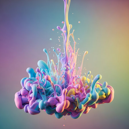 A dynamic explosion of pastel pink, blue, and yellow inks dissolving and swirling in clear liquid, creating ethereal abstract forms.の素材