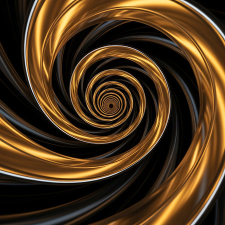A mesmerizing, deep golden spiral vortex with swirling light and dark tones, creating a sense of endless depth and motion.の素材
