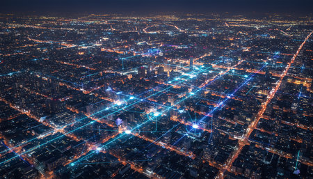An expansive aerial view captures a sprawling city at night, its grid of streets and buildings aglow with vibrant lights.の素材