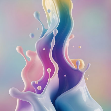 Dynamic swirls and splashes of pastel colored liquids, creating an abstract and fluid art piece with a dreamy aesthetic.の素材