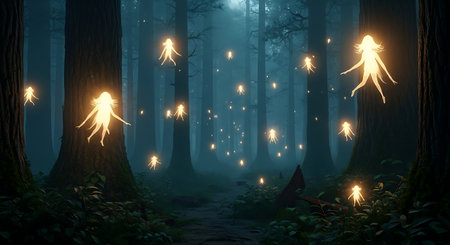 Mystical glowing figures dance amidst tall, shadowy trees, bathed in soft, otherworldly light beams in a dark, magical forest.の素材