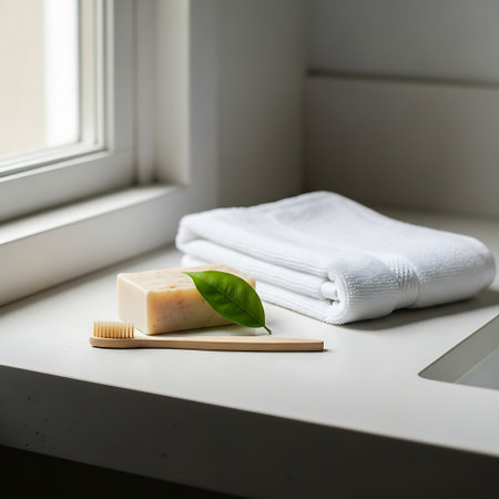 A neatly folded white towel rests beside a bar of soap and a green leaf on a clean bathroom countertop.の素材