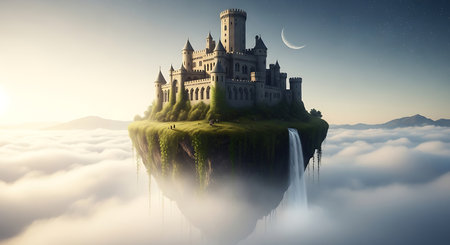 An epic fantasy castle rises from a verdant floating island, surrounded by misty clouds and a serene sky.の素材