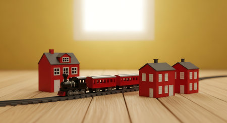A detailed miniature model of a red train with carriages and two red buildings sits on a wooden surface.の素材