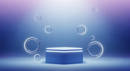 A minimalist blue cylindrical podium stands center stage, illuminated by a bright light source, with glowing rings floating around it.の素材