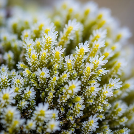 Macro photograph of a cluster of small white and yellow flowers covered in delicate frost, showcasing intricate natural details.の素材