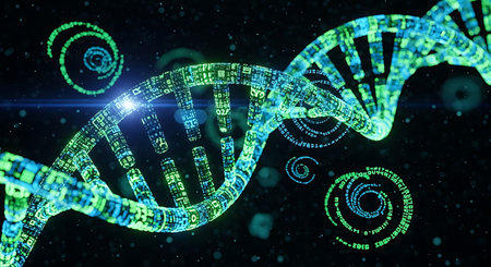 A glowing, intricate digital representation of a DNA double helix, symbolizing genetic information and advanced scientific research with a dark, abstract backdrop.の素材