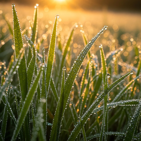 Close-up of vibrant green grass covered in sparkling dew drops, bathed in the warm glow of a sunrise.の素材