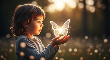 A child's face is illuminated by soft golden light as a glowing butterfly rests on their palms in a magical outdoor setting.の素材