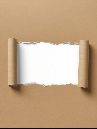 A horizontal rip in brown paper reveals a bright white area, perfect for adding text or graphics.の素材