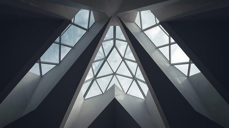 An abstract view looking up at a modern geometric skylight, casting dramatic shadows and bathed in bright natural light.の素材