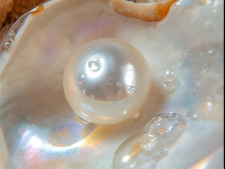 A close-up macro shot reveals a shimmering pearl resting on the nacreous surface of an open oyster shell.の素材