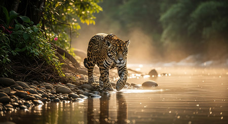 A powerful jaguar walks towards a serene river, its spotted coat illuminated by the soft golden light of dawn.の素材