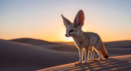A small fennec fox with distinctive large ears stands on a sand dune, bathed in the warm glow of a desert sunset.の素材