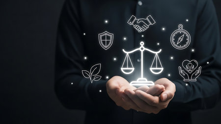 A person's hands cradle a luminous scale of justice, with ethereal icons of life's elements and legal concepts floating around it.の素材