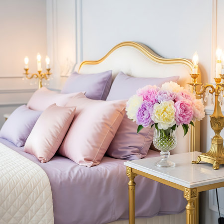 A serene and opulent bedroom setting with a plush bed, decorative pillows, and a vase of colorful flowers on a gilded table.の素材