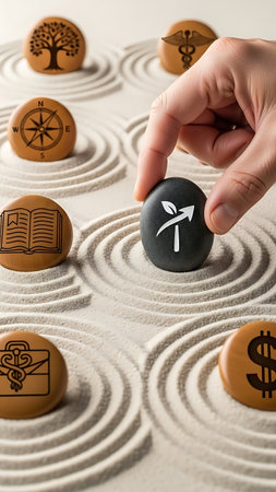 A hand carefully positions a dark stone with a symbolic arrow onto a raked sand garden, surrounded by other carved stones.の素材