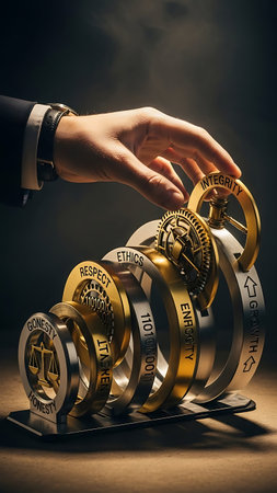 Close-up of a person's hand delicately interacting with a collection of shiny, detailed gold rings, suggesting victory.の素材