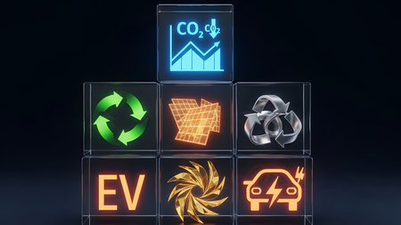 A grid of glowing cubes displays symbols for environmental concerns and solutions including recycling electric cars and CO2 emissions.の素材