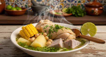 A steaming bowl of hearty chicken soup filled with corn, potatoes, yuca, and garnished with lime.の素材