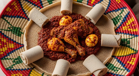 A traditional Ethiopian Doro Wat, a spicy chicken stew, is presented with injera bread and hard-boiled eggs.の素材