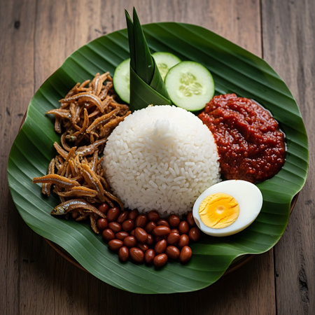 A vibrant and flavorful plate of Nasi Lemak, a popular Malaysian dish, presented beautifully on a banana leaf.の素材