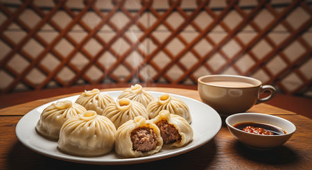 A plate of freshly steamed dumplings sits on a wooden table next to a cup of tea and a small bowl of dipping sauce.の素材