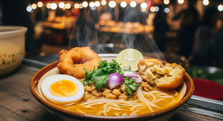 A close-up of a flavorful noodle soup dish garnished with a boiled egg, fried onion rings, and fresh herbs.の素材
